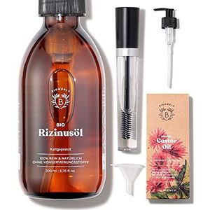 Bionoble Biologische ricinusolie 200 ml – 100% zuiver, natuurlijk en koudgeperst – wimpers, wenkbrauwen, lichaam, haar, baard, nagels – veganistische beverolie – glazen fles + pomp + mascara-set