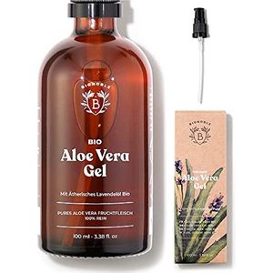 BIOLOGISCHE ALOË-VERAGEL | Gemaakt van 100% Verse Pure Aloëpulp en Biologische Etherische Lavendelolie | Zonder Xanthaan | Gezicht, Oogcontour, Lichaam, Haar | Glazen Pompflesje (100ml)