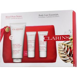 Clarins Body Care Geschenkset 200ml Moisture Rich Body Lotion + 30ml Hand & Nagelverzorgingscrème + 30ml Exfoliating Body Scrub + Toilettas