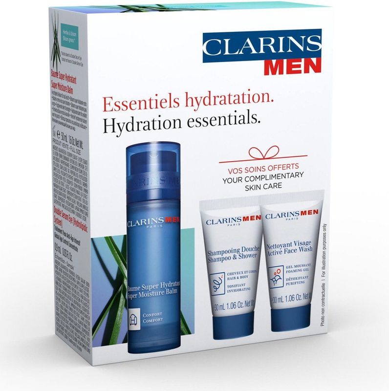 Clarins - Men Hydrate - Geschenkset - 50ml Super Moisture Balm - 30ml Shampoo & Shower Gel - 30ml Active Face Wash