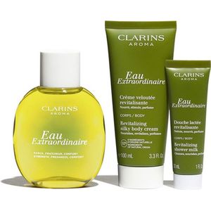Clarins Eau Extraordinaire Geschenkset 100ml Eau Extraordinaire + 100ml Revitalizing Silky Body Cream + 30ml Revitalizing Shower Milk + Toilettas