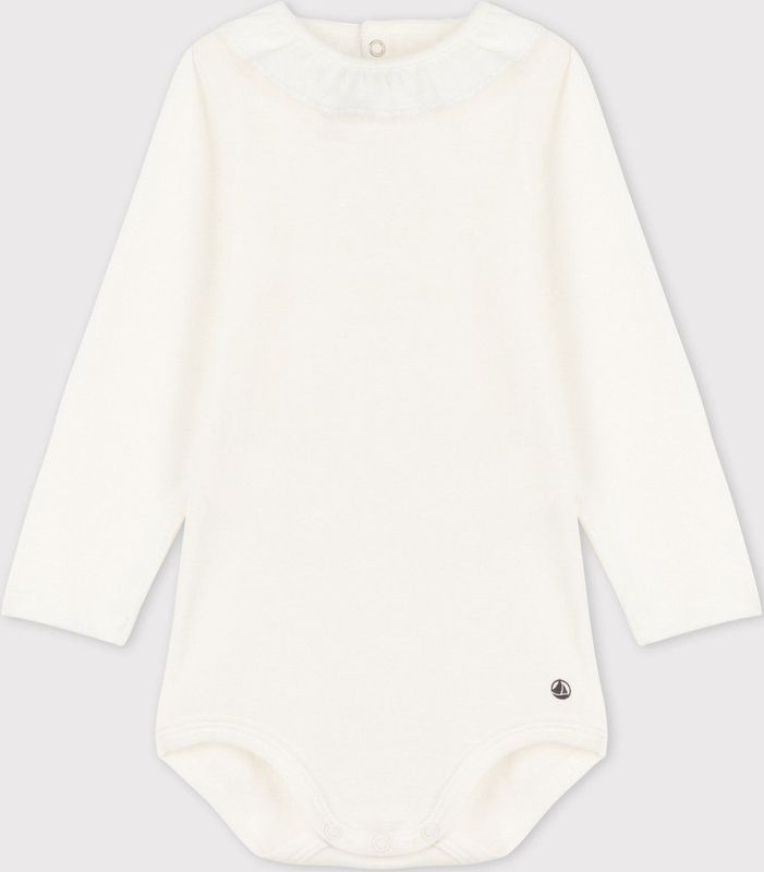 Petit Bateau - Babybody - Katoen - Wit - Lange Mouwen, Kraagje, Drukknoopsluiting