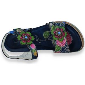 Laura Vita - Sandaal - Denim - Leren - Bloemenaccenten - Klittenbandsluiting