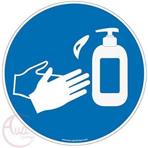 AUA SIGNALETIQUE - Gearenbordbarrières Handdesinfectie met verplichte hydroalcoholische gel - Ø 130 mm, zelfklevend vinyl 201481-R-V-130