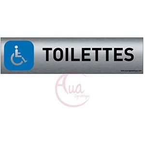 AUA SIGNALETIQUE - Plaque de porte aluminium brossé impressé AluSign - 200 x 50 mm - Double Face Adhésif au dos - Impression UV-directement op aluminium (Pas de contre collage) (toilethandicapés)