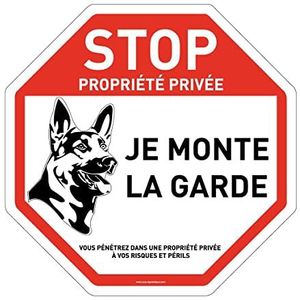 AUA SIGNALETIQUE - Achthoekig bord Stop Privacy grondstuk Attentie Je Monte la Garde - Ø 270 mm, PVC 1,5 mm