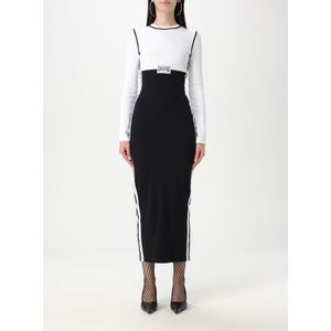 Midi Dress - Kleurblok - Wit/Zwart - Ribstof - Langemouwen