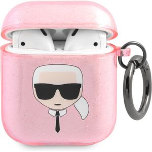 Karl Lagerfeld Karl's Head Silicone Glitter Case voor de Apple AirPods 1 / 2 - Roze