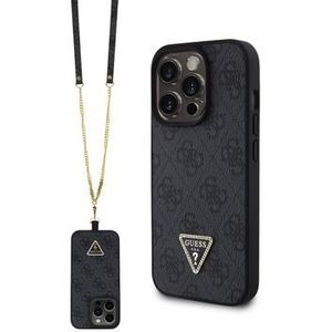 iPhone 15 Pro Guess 4G Strass Triangle Metal Logo Case with Crossbody Strap - Black