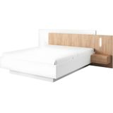 Bed met hangende nachtkastjes - 160 x 200 cm - 2 laden - Met ledverlichting - Wit en naturel - FRANCOLI