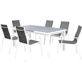 Tuineettafel van grijs en witte aluminium : 6 stoelen en uitschuifbare tafel - LINOSA