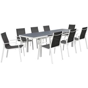 MYLIA Tuineettafel van grijs en witte aluminium : 8 stoelen en uitschuifbare tafel - LINOSA L 240 cm x H 96 cm x D 100 cm