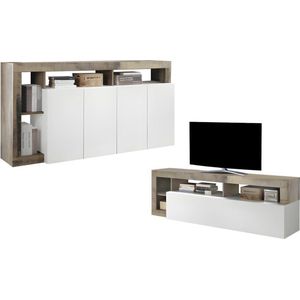 Set buffetkast + TV meubel - SEFRO - Eiken en witgelakt L 184 cm x H 93 cm x D 42 cm