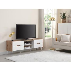 TV-meubel met 4 lades en 2 nissen - MDF & metaal - Witgelakt & naturelkleur - CAYANA