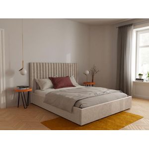 Vente-unique Bed met opbergruimte met hoofdbord met verticale stiksels - 180 x 200 cm - Stof - Beige - SARAH L 190 cm x H 120 cm x D 214 cm