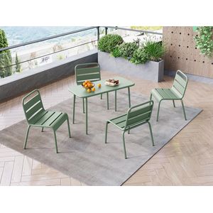 MYLIA Tuineetset voor kinderen POPAYAN - Tuintafel met 4 opstapelbare stoelen - Metaal - Amandelgroen L 80 cm x H 55.5 cm x D 39 cm