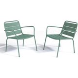 Loungeset MIRMANDE: 2 lage opstapelbare fauteuils met bijzettafel - Metaal - Amandelgroen
