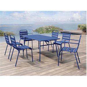 MYLIA Tuinset MIRMANDE: tafel L.160 cm met 2 opstapelbare fauteuils & 4 opstapelbare stoelen - Metaal - Nachtblauw L 160 cm x H 79 cm x D 80 cm