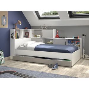 Bed met opbergruimte en lade 90 x 200 cm - Kleuren: wit en grijs - ARMAND L 221 cm x H 104 cm x D 120 cm