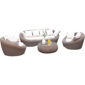 MYLIA Tuin loungeset van karamel gevolchten hars - zitbank & 2 fauteuils & salontafel - WHITEHEAVEN L 201 cm x H 66.5 cm x D 101 cm