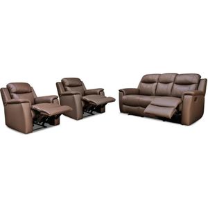 Driezits relaxbank en twee relaxfauteuils EVASION van leer - bruin L 205 cm x H 100 cm x D 96 cm