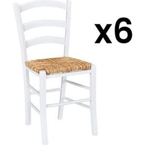 Set van 6 stoelen PAYSANNE - Massief beuken kleur wit, rijststro L 39 cm x H 86 cm x D 41 cm