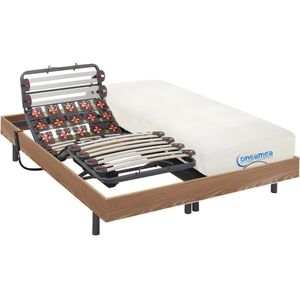 Elektrisch bed – bedbodem en matras – latten en contactplaatjes vormgeheugen DIONYSOS van DREAMEA - OKIN motoren - taupe eikenhout- 2 x 80 x 200 cm