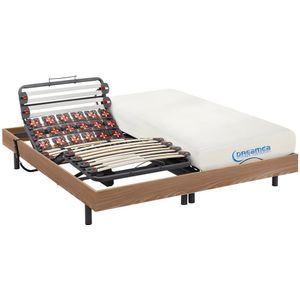 DREAMEA Elektrisch bed – bedbodem en matras – latten en contactplaatjes vormgeheugen DIONYSOS van DREAMEA - OKIN motoren - eikenhout - 2 x 90 x 200 cm L 200 cm x H 35 cm x D 180 cm