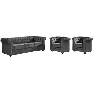 Driezitsbank en 2 fauteuils CHESTERFIELD - velours - antraciet