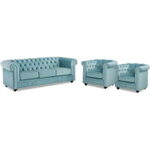 Vente-unique Driezitsbank en 2 fauteuils CHESTERFIELD - velours - pastelblauw L 205 cm x H 72 cm x D 88 cm