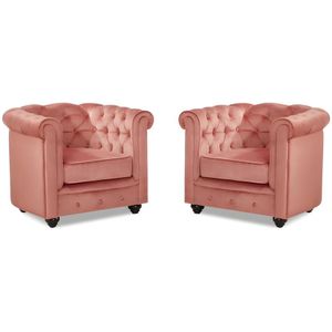 Set van 2 fauteuils CHESTERFIELD - fluweel - pastel roze