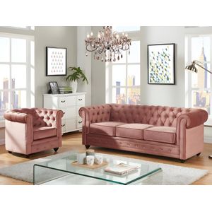 Driezitsbank en fauteuil CHESTERFIELD - fluweel - pastel roze