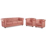 Chesterfield fluwelen driezitsbank en fauteuils - comfortabel en trendy