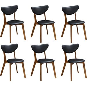Set van 6 Stoelen LISETTE - Massief Hévéa Hout & Kunstleer - Walnoot en Zwart L 48 cm X H 77 cm X D 55 cm