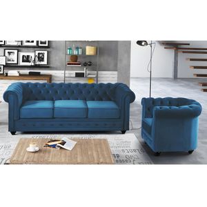 Driezitsbank en fauteuil CHESTERFIELD - fluweel - eend blauw L 205 cm x H 72 cm x D 88 cm