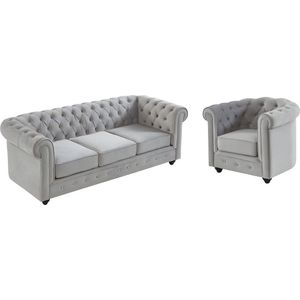 Driezitsbank en fauteuil CHESTERFIELD - velours - lichtgrijs L 205 cm x H 72 cm x D 88 cm