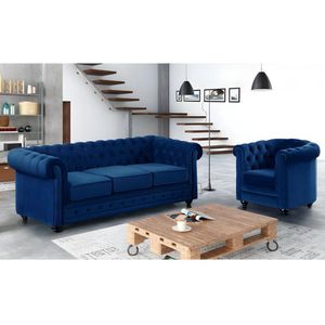 Driezitsbank en fauteuil CHESTERFIELD - fluweel - konings blauw L 205 cm x H 72 cm x D 88 cm