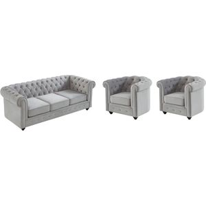 Driezitsbank en 2 fauteuils CHESTERFIELD - velours - lichtgrijs L 205 cm x H 72 cm x D 88 cm