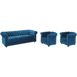 Driezitsbank en 2 fauteuils CHESTERFIELD - fluweel - eend blauw L 205 cm x H 72 cm x D 88 cm