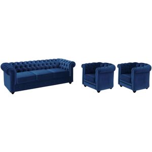 Driezitsbank en 2 fauteuils CHESTERFIELD - fluweel - konings blauw