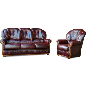 Driezitsbank en fauteuil DAPHNE van 100% buffel leer - bordeaux rood L 183 cm x H 97 cm x D 91 cm