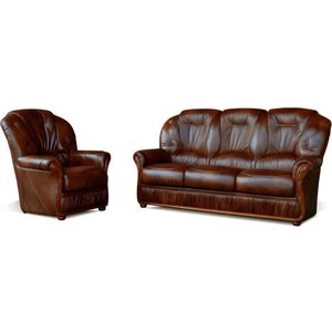 DAPHNE Driezitsbank en fauteuil - 100% buffel leer - bruin - Charmante stijl, comfortabel en duurzaam - Afmetingen: L183 x D91 x H97 cm