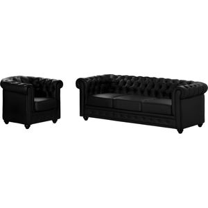 Vente-unique Driezitsbank en fauteuil CHESTERFIELD van kunstleer - Zwart L 205 cm x H cm x D cm
