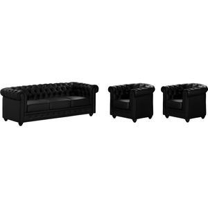 Vente-unique - Chesterfield - Driezitsbank en 2 Fauteuils - Zwart - Kunstleer
