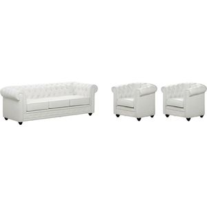 Vente-unique - Sofa 3-Sitzer und 2 Sessel - Kunstleder - Weiß - chesterfield