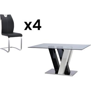 Set ""eetkamer"" met 4 stoelen - Zwart en wit - WINCH L 150 cm x H 76 cm x D 90 cm