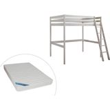 Hoogslaper met bureau GEDEON II - 140 x 190 cm - Massief grenen - Gebleekt + matras