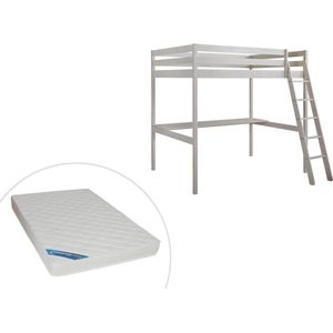 Hoogslaper met bureau GEDEON II - 140 x 190 cm - Massief grenen - Gebleekt + matras L 198 cm x H 196.8 cm x D 203.5 cm