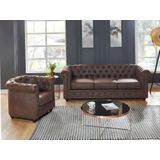 Driezitsbank en fauteuil CHESTERFIELD van microvezel met vintage look