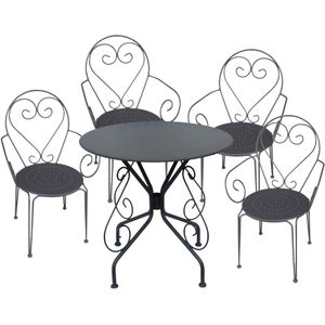 Tuinset met tafel en 4 stoelen van metaal met smeedijzer aspect - Antraciet - GUERMANTES